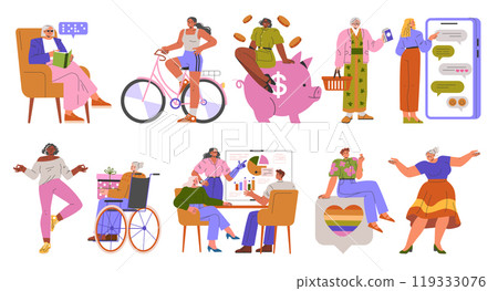 Diversity Businesswoman Set. Inclusive female professionals in different scenarios. Leadership, finance, teamwork, and lifestyle diversity. Vector illustration. 119333076