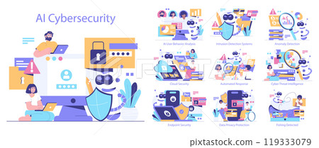 AI Cybersecurity set. Digital defense mechanisms powered by artificial intelligence. User behavior analysis to fishing detection. Vector illustration. AI Cybersecurity set. Digital defense mechanisms powered by artificial intelligence. User behavior analysis to fishing detection. Vector illustration. 119333079