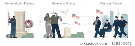 Veterans tribute set. A soldier at a memorial, a moment of respect, and a military parade. Reflection, honor, celebration of service. Vector illustration. 119333141