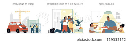 Builder's day set. Illustrates a construction worker's routine from commuting, returning home to family dinner. Urban life balance and family values. Vector illustration. 119333152