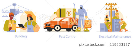 Working Professions set. Illustrations of construction workers, pest control specialist, and electricians showcasing diverse jobs. Professional teamwork and service activities. Vector illustration. 119333157