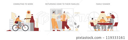 Daily Life Set. From morning bike commute to family welcome and dinner time. Urban routine and home warmth in simple living. Vector illustration. Daily Life Set. From morning bike commute to family welcome and dinner time. Urban routine and home warmth in simple living. Vector illustration. 119333161