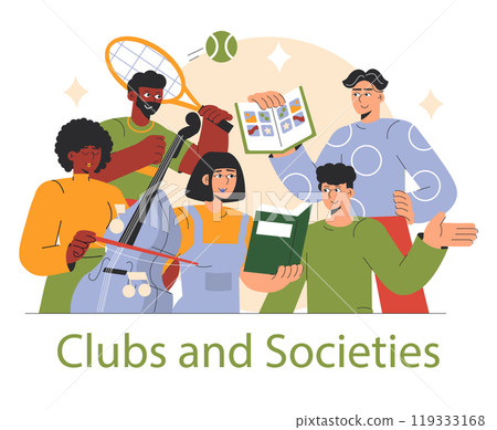 Clubs and Societies concept. Diverse group engaging in hobbies, from sports to music and stamp collecting. Celebrating community interests. Vector illustration. Clubs and Societies concept. Diverse group engaging in hobbies, from sports to music and stamp collecting. Celebrating community interests. Vector illustration. 119333168