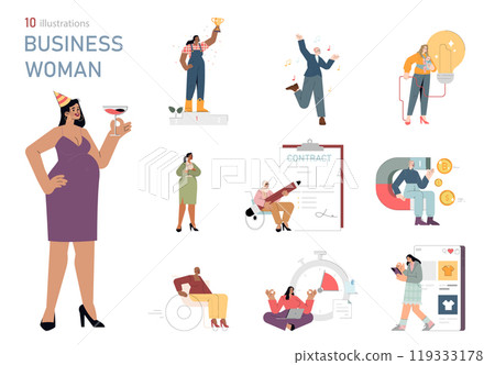 Business Woman set. Diverse female professionals in various roles and achievements. Leadership, celebration, innovation, multitasking. Vector illustration. Business Woman set. Diverse female professionals in various roles and achievements. Leadership, celebration, innovation, multitasking. Vector illustration. 119333178