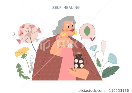 Homeopathy concept. Woman explores natural healing, holds homeopathic pills among herbal illustrations. Alternative medicine practice. Vector illustration. Homeopathy concept. Woman explores natural healing, holds homeopathic pills among herbal illustrations. Alternative medicine practice. Vector illustration. 119333186