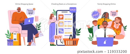 Cyber Monday set. Consumers engage in online shopping, checking deals on smartphones, and a family shops together. Vector illustration. 119333200