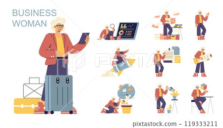 Businesswoman set. Ambitious female entrepreneur engaging in various professional activities. Leadership, travel, finance management. Vector illustration. 119333211
