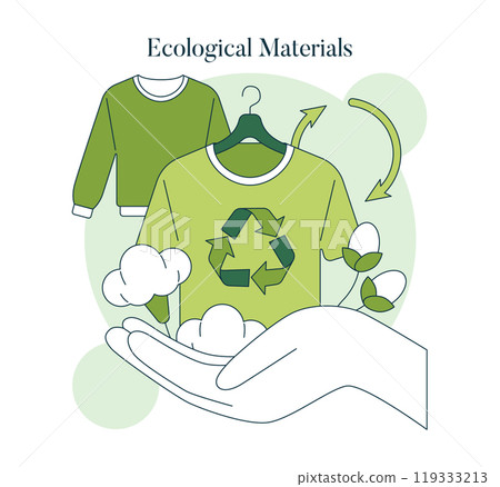 Eco-friendly fashion concept. Sustainable clothing materials and recycling in the textile industry. Cotton and recycle symbols in apparel design. Vector illustration. Eco-friendly fashion concept. Sustainable clothing materials and recycling in the textile industry. Cotton and recycle symbols in apparel design. Vector illustration. 119333213