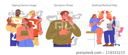 EVALI concept. Three-part illustration depicting vaping device usage, onset of symptoms, and seeking medical attention. Health risks of e-cigarettes vector illustration. 119333215
