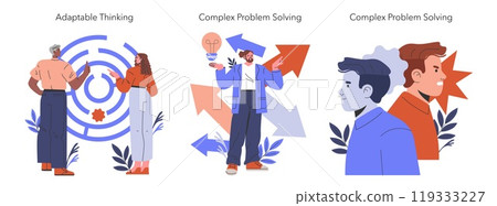 Cognitive Bias set. Illustration depicting adaptable thinking and complex problem solving with characters. Strategic decision making, flexibility, and innovation in challenges. Vector illustration. 119333227