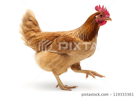 Running chicken hen on white background. 119333361