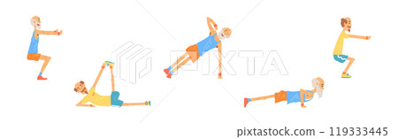 Funny Senior Man Character Exercising and Workout Vector Set 119333445