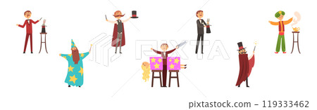 Man Magician and Illusionist Character as Circus Performer Vector Set 119333462