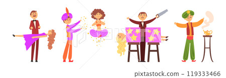 Man Magician and Illusionist Character as Circus Performer Vector Set 119333466