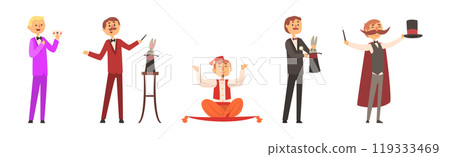 Man Magician and Illusionist Character as Circus Performer Vector Set Man Magician and Illusionist Character as Circus Performer Vector Set 119333469