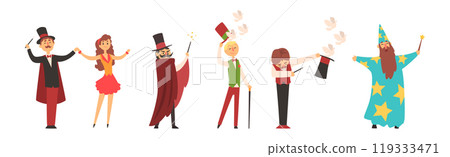 Man Magician and Illusionist Character as Circus Performer Vector Set 119333471