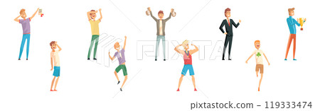 Happy Man Character Rejoice with Achievement and Success Vector Set Happy Man Character Rejoice with Achievement and Success Vector Set 119333474