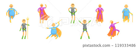 Funny Elderly Man Superhero Wearing Suit and Cape Vector Set Funny Elderly Man Superhero Wearing Suit and Cape Vector Set 119333486