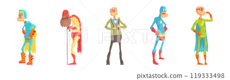 Funny Elderly Man Superhero Wearing Suit and Cape Vector Set Funny Elderly Man Superhero Wearing Suit and Cape Vector Set 119333498