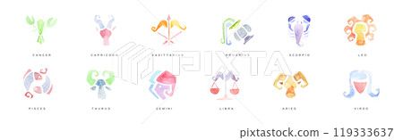 Zodiac Signs Hand Drawn Watercolor Symbol Vector Set 119333637