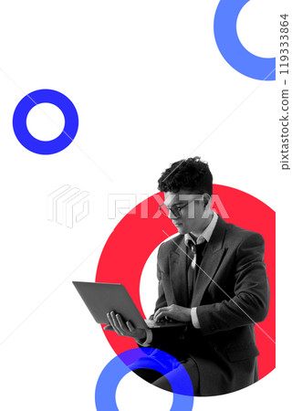 Contemporary art collage. Man working on a laptop with bold blue and red elements. Minimalistic design. Copy space. 119333864