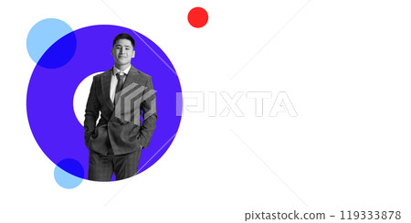 contemporary art collage. Full-body portrait of professionals, businessman walking confidently. Bright and vibrant circular shapes contemporary art collage. Full-body portrait of professionals, businessman walking confidently. Bright and vibrant circular shapes 119333878