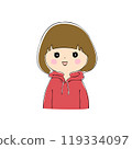 Smiling young woman, facial expression variations, skin color, pen drawing style 119334097