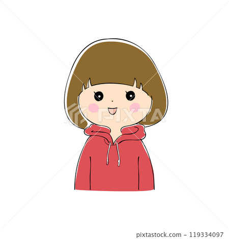 Smiling young woman, facial expression variations, skin color, pen drawing style 119334097