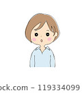 A young woman with a blank look, facial expression variations, skin color, pen drawing style 119334099