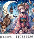 Crescent moon and girl in kimono 119334526