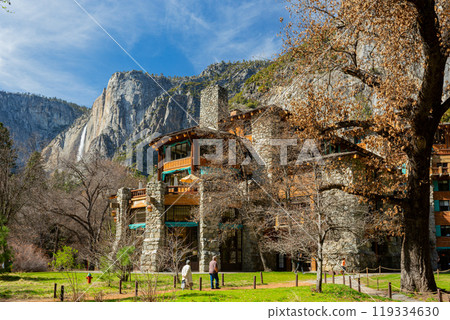 Exterior view of the famous The Ahwahnee hotel at Yosemite National Park Exterior view of the famous The Ahwahnee hotel at Yosemite National Park 119334630