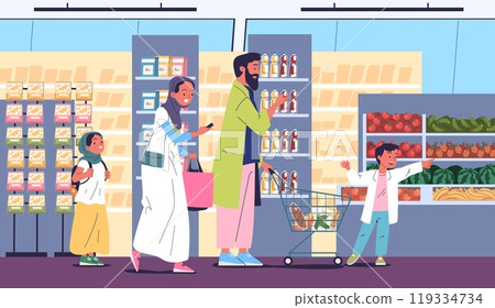 Muslim family supermarket. Arabic parents and children together choosing food product inside grocery shop, arabian shopper ramadan purchase shopping, classy vector illustration Muslim family supermarket. Arabic parents and children together choosing food product inside grocery shop, arabian shopper ramadan purchase shopping, classy vector illustration 119334734