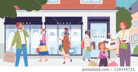 Fashion outlet. People walk outside trendy apparel boutique, mall shopping customer visit street clothing store with mannequin, consumer retail purchase classy vector illustration Fashion outlet. People walk outside trendy apparel boutique, mall shopping customer visit street clothing store with mannequin, consumer retail purchase classy vector illustration 119334735