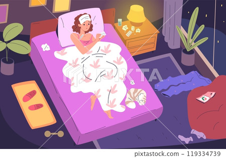 Sick woman night. Sickly virus illness worried girl with thermometer and pills in dark bedroom, migraine or insomnia awake depressed face, alone sleep classy vector illustration Sick woman night. Sickly virus illness worried girl with thermometer and pills in dark bedroom, migraine or insomnia awake depressed face, alone sleep classy vector illustration 119334739