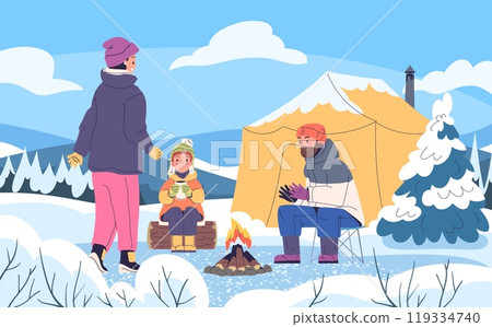 People winter camping. Family couple friends travelers at campfire snowy christmas weather, snow forest picnic after hiking rest traveling bonfire camp classy vector illustration People winter camping. Family couple friends travelers at campfire snowy christmas weather, snow forest picnic after hiking rest traveling bonfire camp classy vector illustration 119334740