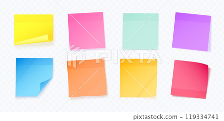 Realistic memo stickers. Colorful paper sticky reminder for office work notes organizing, post note sticker empty page business schedule notepaper set, exact vector illustration 119334741