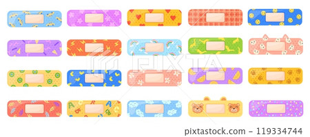 Kid plasters. Cute adhesive bandages for baby children first aid, colorful sterile plaster decoration elements medical patch funny sticky strip sticker neat vector illustration 119334744