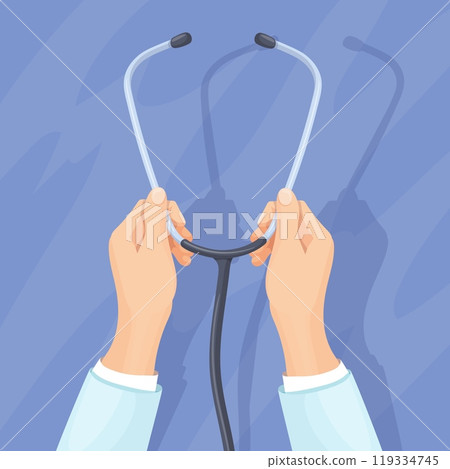 Hand hold stethoscopes. Doctor or nurse hands holding stethoscope closeup, patient heart checkup cardiology medical cardiac diagnostic healthcare design, neat vector illustration 119334745
