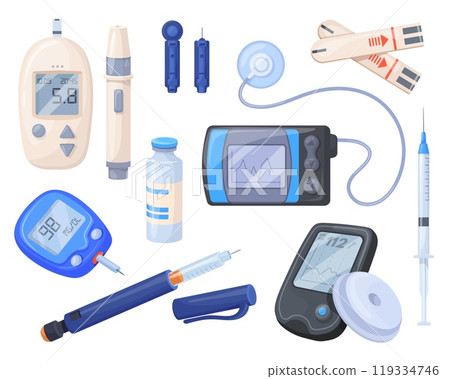 Diabetes equipment. Glucometer, injection pen Insulin pump lancet blood testing glucose measuring resistance level monitor pharmaceutical diabetic devices neat vector illustration Diabetes equipment. Glucometer, injection pen Insulin pump lancet blood testing glucose measuring resistance level monitor pharmaceutical diabetic devices neat vector illustration 119334746