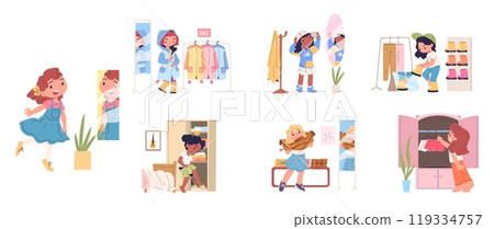 Kids dress room. Girl wardrobe, kid choose buying new dress in fashion clothing store happy children trying clothes at closet mirror home dressing room, classy vector illustration Kids dress room. Girl wardrobe, kid choose buying new dress in fashion clothing store happy children trying clothes at closet mirror home dressing room, classy vector illustration 119334757