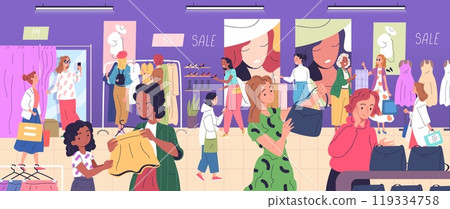 Consumers apparel boutique. Women choosing try clothes on hanger new wardrobe fashion clothing store, shopper buy modern dress or handbags garment shop, classy vector illustration 119334758