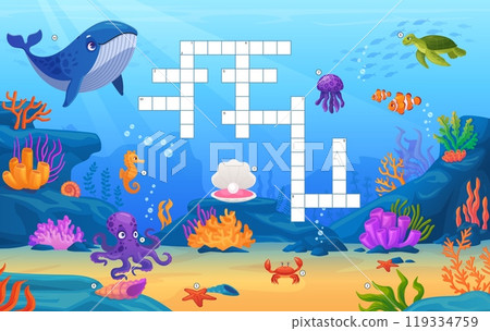 Underwater animals crossword. Quiz puzzle game with sea animals for school or preschool kindergarten kids, search english cross word find whale octopus turtle vector illustration 119334759