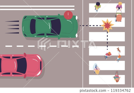 Crosswalk rules top view. Pedestrian and automobile traffic direction rule, safety drive cross road, lane way transportation vehicle motion people walk on zebra vector illustration 119334762
