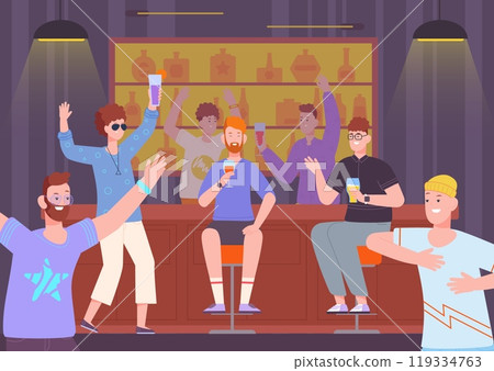 Bachelor party. Guys friends having fun in night bar, young man group dancing and drink alcogol beverages, men celebrate birthday festive rest friendship time vector illustration 119334763
