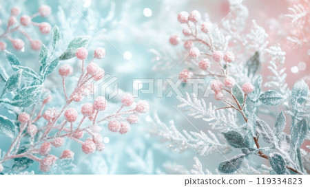 Soft and whimsical holiday scene with mistletoe and pastel snowflakes in mint, blush, and baby blue, creating a light, joyful atmosphere. Mistletoe Snowflakes 119334823