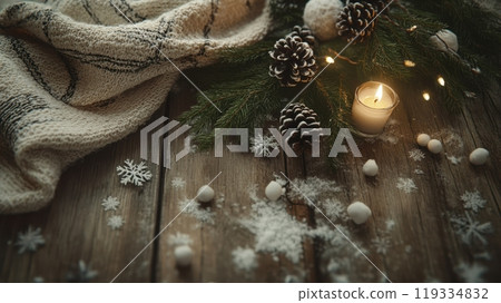 Natural Christmas decor with mistletoe and snowflakes, surrounded by pinecones, branches, and soft candlelight on a rustic wooden table. Mistletoe Snowflakes 119334832