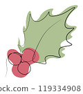 One line drawn minimalist holly berry branch with leaves and berries. Black contour outline vector illustration in minimal doodle style with Color Abstract Shapes. Winter holidays floral design 119334908