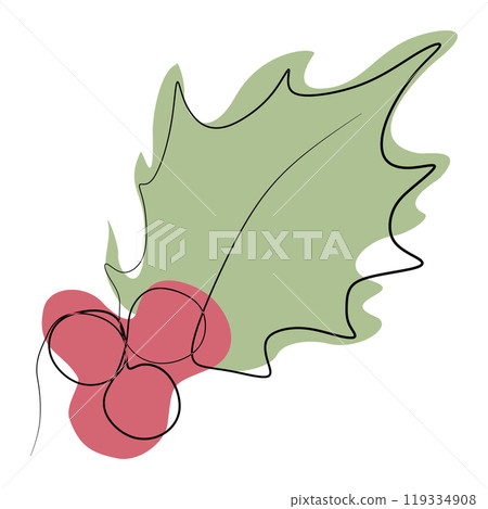 One line drawn minimalist holly berry branch with leaves and berries. Black contour outline vector illustration in minimal doodle style with Color Abstract Shapes. Winter holidays floral design 119334908