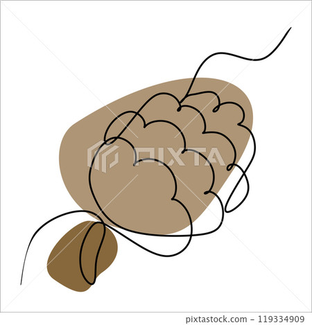 One line drawing in vintage style christmas fir cone with Abstract Color Shapes. Hand drawn sketch, retro style Vector Illustration Isolated on White. Botany Design Element for Winter Decoration, Card 119334909