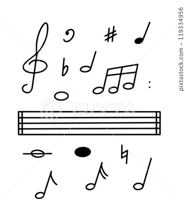 A set of various musical symbols and notes arranged above a blank staff, indicating a creative musical composition process A set of various musical symbols and notes arranged above a blank staff, indicating a creative musical composition process 119334956